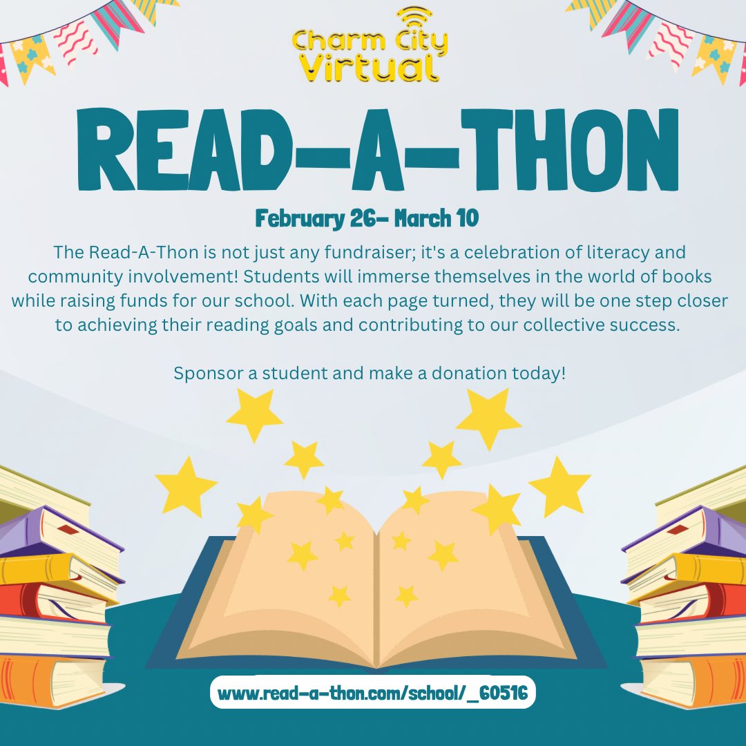 Charm City Virtual is thrilled to announce this literacy-based fundraiser designed to not only foster a love for reading among our students but also support our end-of-year activities. Make your donation at: read-a-thon.com/school/_60516