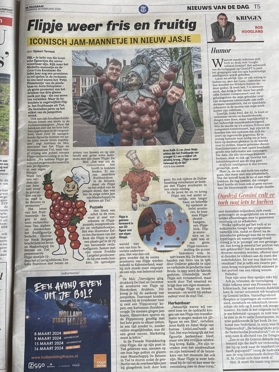 Mooie promotie in De Telegraaf over nieuwe tentoonstelling Fruitstad en Flipje ⁦<a href="/Flipjemuseum/">Flipje van Tiel</a>⁩ ⁦<a href="/gemTiel/">gemeente Tiel</a>⁩