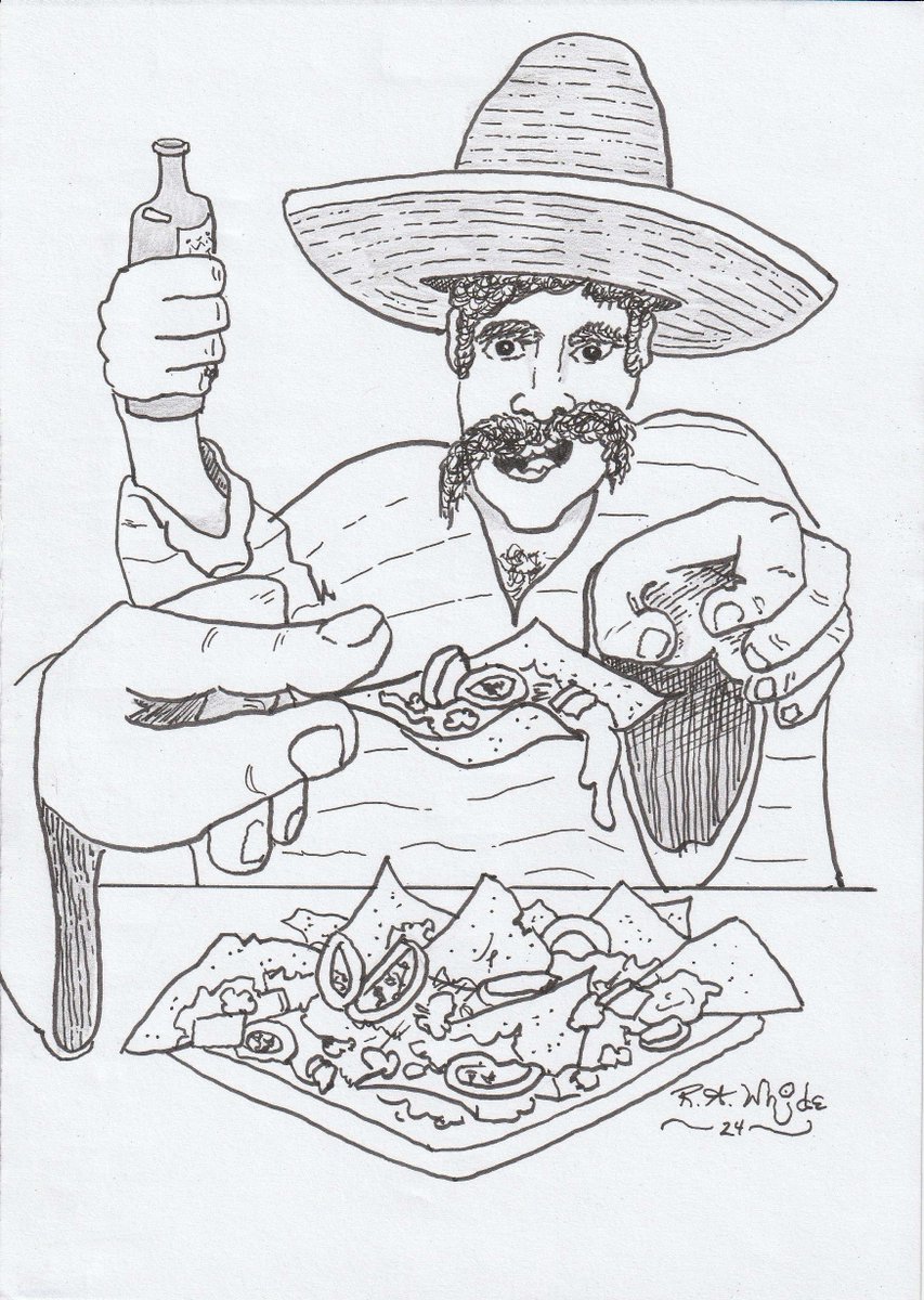 Happy Tortilla Day! - Feb 24 - This ink sketch celebrates the delicious tortilla chip used in its most popular dish... NACHOS! #art #artworks #illustraion #illustrationart #inksketch #sketch #sketchart #penandink #drawing #cartoon #CartoonArt #tortillachip #nachos #tortilladay