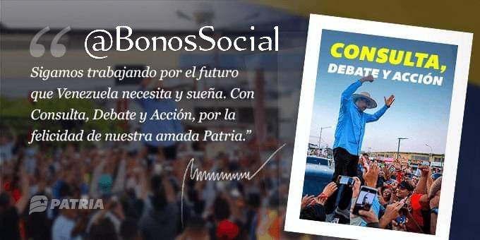 🚨 Continúa la entrega del #BonoConsultaDebateYAcción a través del #SistemaPatria enviado por nuestro Pdte. <a href="/NicolasMaduro/">Nicolás Maduro</a>

✅ Monto en Bs. 180,00

<a href="/BonosSocial/">Bonos Protectores Social Al Pueblo</a> 
#UniónSoberaníaYBienestar
