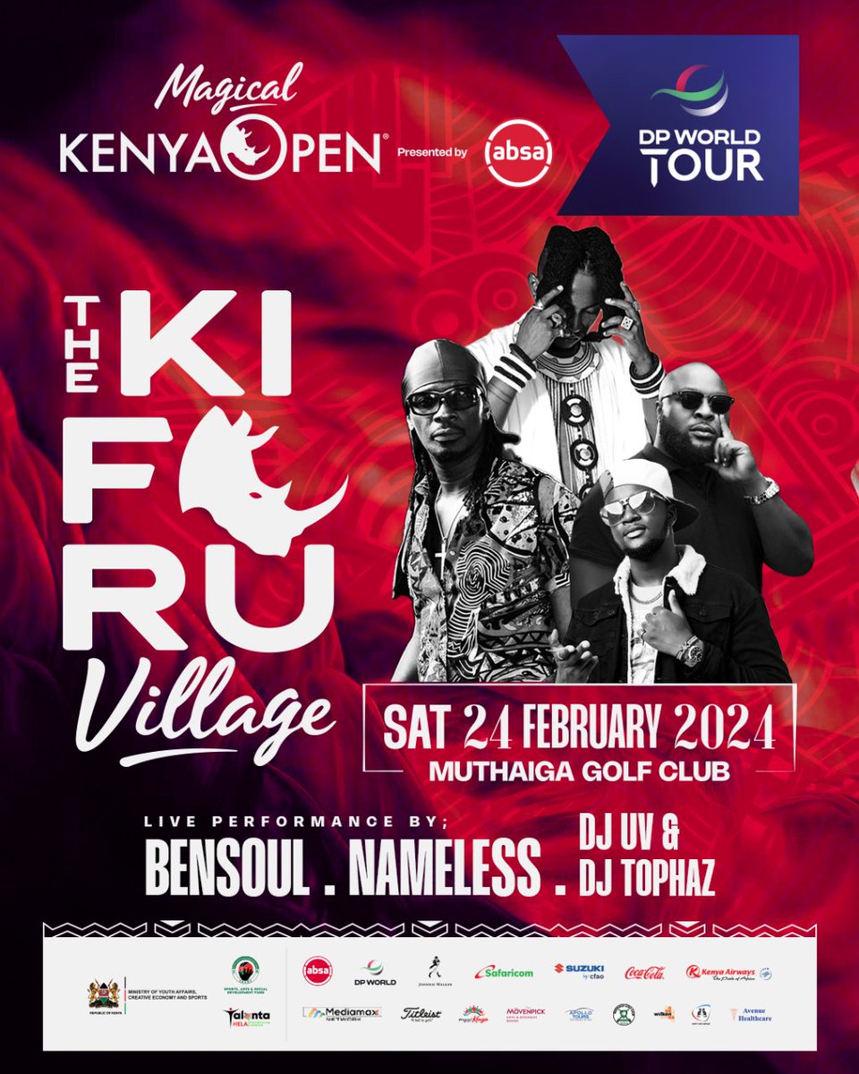 KenyaOpenGolf's tweet photo. Bensoul, Nameless, and DJs UV and Tophaz will be lighting the stage at the Kifaru Village tonight. Mo faya! Things are getting hot this weekend. Come with your crew and celebrate the vibrant Nairobi spirit. Celebrate music and golf! #MKO2024 #OpenToGrow https://t.co/UhF4LSYFYs