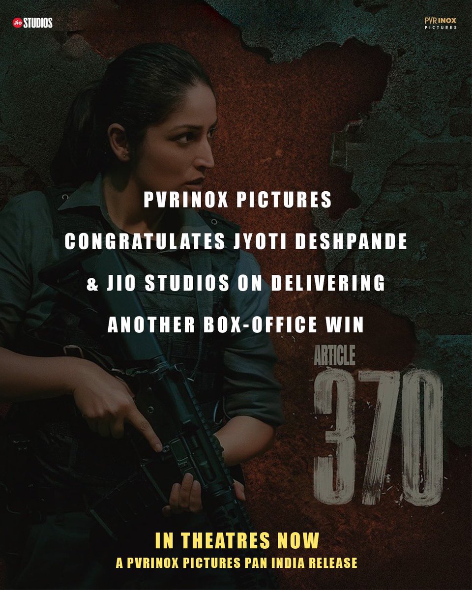 To everyone at JIO STUDIOS, congratulations… 

#Article370 #YamiGautam #PriyaMani #ArunGovil #KiranKarmarkar #PVRINOXPictures #KamalGianchandani #CinemaLoversDay #PVRCinemas #INOXCinemas #Miraj #MuktaA2 #Cinepolis #FilmDistribution #Innovation