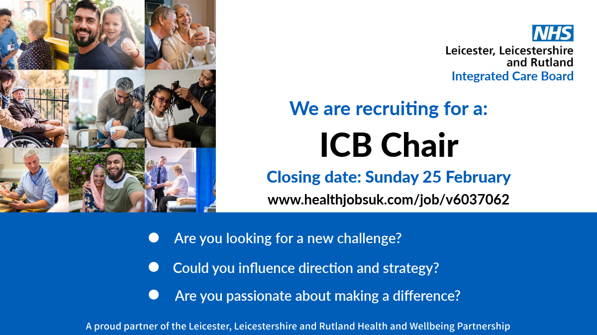 Do you have what it takes to chair our ICB? We’re recruiting for an outstanding individual to make a real difference to local healthcare for our patients. Closing date for applications is 25 February. Find out more: healthjobsuk.com/job/v6037062