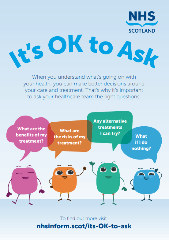 It's Ok to Ask. Here are 4 key Q's to ask: 1. What are the benefits of my treatment? 2. What are the risks of my treatment? 3. Are there alternative treatments I can try? 4. What if I do nothing? Visit ow.ly/Tux950QG4N8 for more info #RealisticMedicine