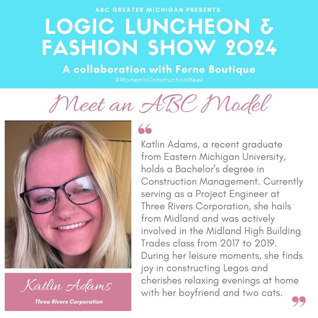 ABC_GMC's tweet photo. #ABC appreciates the women who have taken the bold step to enter the construction industry. 
Meet Katlin Adams of Three Rivers Corporation. Attend to show your support during the LOGIC Luncheon &amp; Fashion Show set for March 5! 
#WomenInConstructionWeek #MeritShopProud https://t.co/nhGuJRaGej