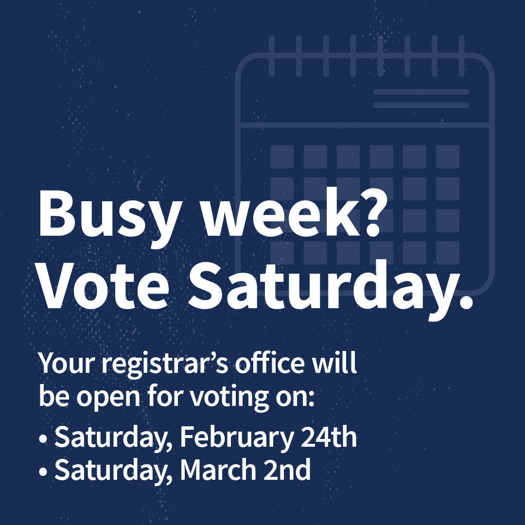 Busy week? Your registrar's office will be open for early voting on two Saturdays - February 24th and March 2nd. You can find your registrar's address and hours at Vote.Virginia.gov. #VaElections2024 #VaisForVoters