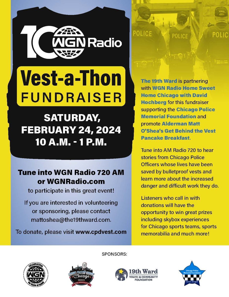 cpdmemorial's tweet image. Today!  Be sure to listen in on WGN Radio Home Sweet Home Chicago with David Hochberg from 10am- 1pm for this year's Vest-a-Thon Fundraiser!!  Tune in to WGN Radio 720 AM or WGNRadio.com!
#getbehindthevest #gbtv #WGN #sweethomechicago