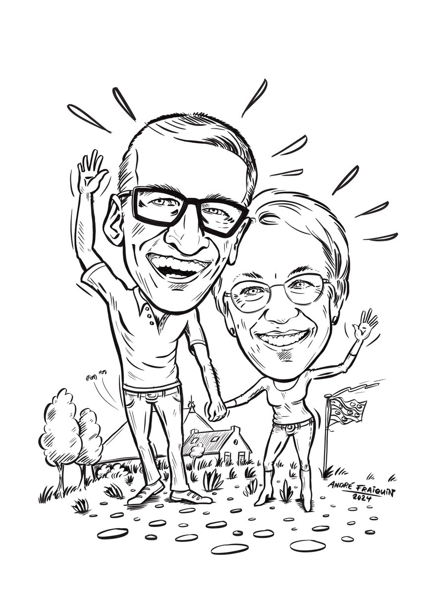 ✍🏻😃🎊 Zo leuk! In opdracht deze vrolijke #karikatuur mogen maken. Voor dit prachtige stel! Fun! 
(Schetsen: 2B potlood/papier, inkten: ApplePencil Procrateapp/iPad en inkleuren: WacomIntuos pencil Photoshop/iMac)
#afdesign #karikatuur #caricature #tekenen #art #design #workum