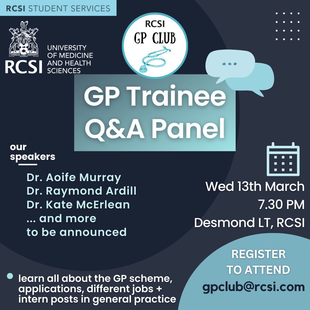 The RCSI GP Club (@thegpclub_) on Twitter photo For all students interested in learning more about general practice- scheme applications, the different networks, special interests and GP intern posts. Not one to be missed! RCSI students sign up on HQ and others to email to register their attendance gpclub@rcsi.com <a href="/RCGP_RoI/">RCGP Republic of Ireland Faculty ๐ฎ๐ช</a> For all students interested in learning more about general practice- scheme applications, the different networks, special interests and GP intern posts. Not one to be missed! RCSI students sign up on HQ and others to email to register their attendance gpclub@rcsi.com <a href="/RCGP_RoI/">RCGP Republic of Ireland Faculty ๐ฎ๐ช</a>