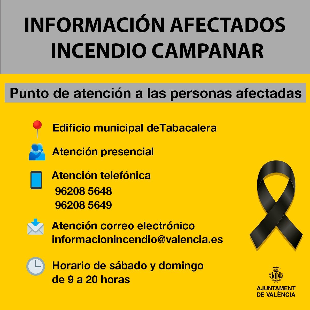 <a href="/GVA112/">Emergències 112CV</a> <a href="/bomberosvlc/">Bombers Ajuntament València</a> <a href="/BombersValencia/">Bombers Consorci VLC</a> <a href="/policialocalvlc/">PoliciaLocalValència</a> <a href="/GVAjusticia/">GVA Justicia, Transparencia y Participación</a> <a href="/FedVeinalVLC/">Federació d'Associacions Veïnals de València</a> <a href="/COPCV/">Col·legi Oficial Psicologia Comunitat Valenciana</a> <a href="/CruzRojaVLC/">Cruz Roja en Valencia</a> <a href="/ucvalencia/">Unió de Persones Consumidores</a> <a href="/AVACUconsumo/">AVACU</a> ⚠️Punto de atención a las personas afectadas por el #IncendioCampanar

📍Edificio de Tabacalera
🫂 Atención presencial

☎️Atención telefònica
▪️96208 5648
▪️96208 5649

📩Atención correo electrónico
informacionincendio@valencia.es

🗓️Sábado y domingo, de 9 a 20 h
#IncendiCampanar