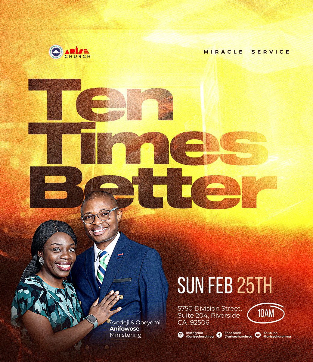 arisechurchrca's tweet photo. Join us tomorrow at 10 am for a powerful service themed 'Ten Times Better.' ๐ Come, ready to experience God's healing and miracles in abundance. Don't come aloneโshare this invite and bring someone along!
#AriseChurch #AriseChurchrca #AriseChurchRiverside #RCCG https://t.co/k13amNAPbf