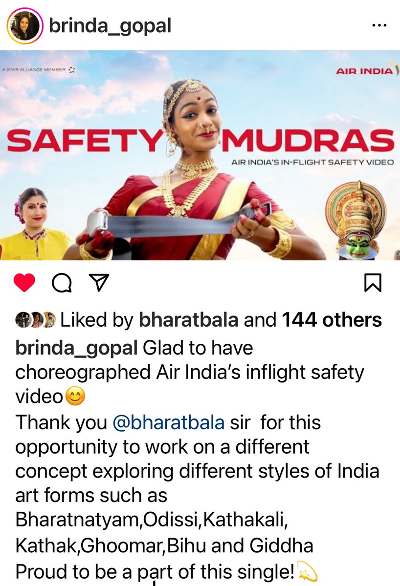 The beautiful @airindia ad that everyone is raving about has been choreographed by dance master Brindha from chennai and directed by Bharat Bala! 💥💥💥 @BrindhaGopal1 @bharatbala 😄 #AirIndia