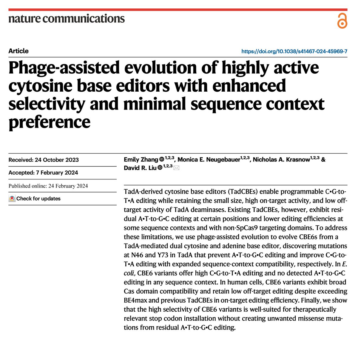 Today we report in @NatureComms the development of laboratory-evolved CBE6 cytosine base editors that offer high on-target C•G-to-T•A editing, virtually no A•T-to-G•C editing, low off-target editing, broad sequence context compatibility, and compatibility with multiple Cas…
