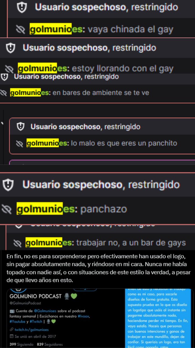 Esta es la clase de GENTUZA de @Golmunioes. Machistas, xenófobos, estafadores con mucho historial y una lacra para la profesión. Y sobre todo: niños pequeños de 12 años a los que han dejado en ridículo en muchas ocasiones. Perdón por haberme calentado en pleno directo de Twitch