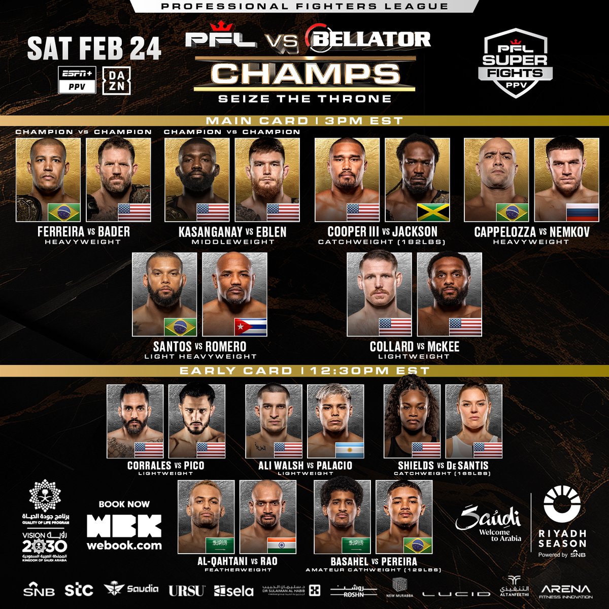 PFL Champs vs. Bellator Champs PPV starts now! The fight is available on ESPN+ in the USA and around the world on DAZN. Tune-in now to see who will Seize the Throne.