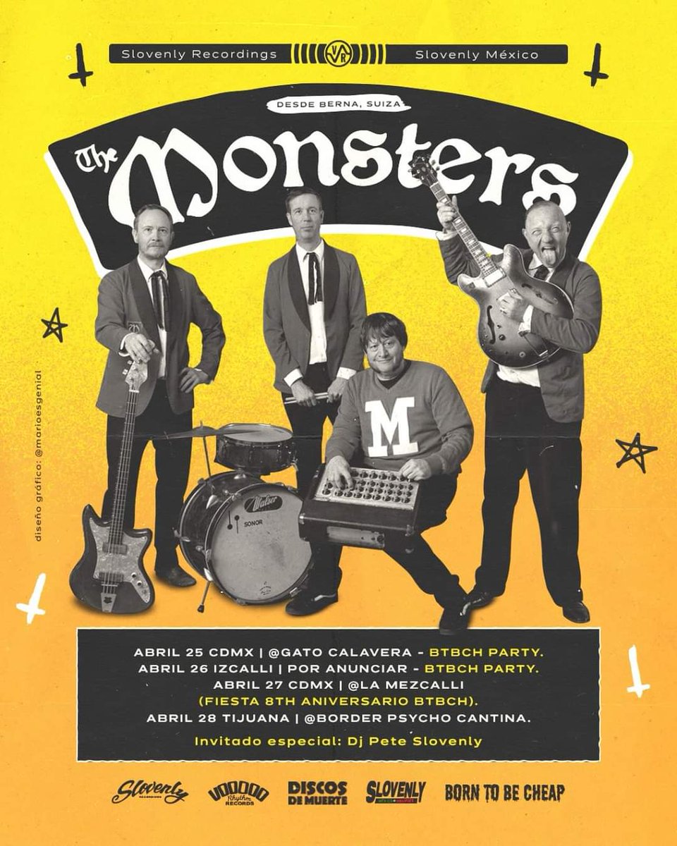 SlovenlyRecs's tweet photo. THE MONSTERS in Mexico & USA - Tour 2024!
THE PURE 1 RIFF GARAGE TRASH MASSACRE CONTINUES!! DIRECT FROM BERN SWITZERLAND PURE SUPER PUNK PRIMITIVE ROCK’N’ROLL
#theswissmonsters #bandsontour2024 #voodoorhythmrecords #slovenlyrecordings #ivyagency #discosdemuerte #borntobecheap https://t.co/EBMySBwGBF