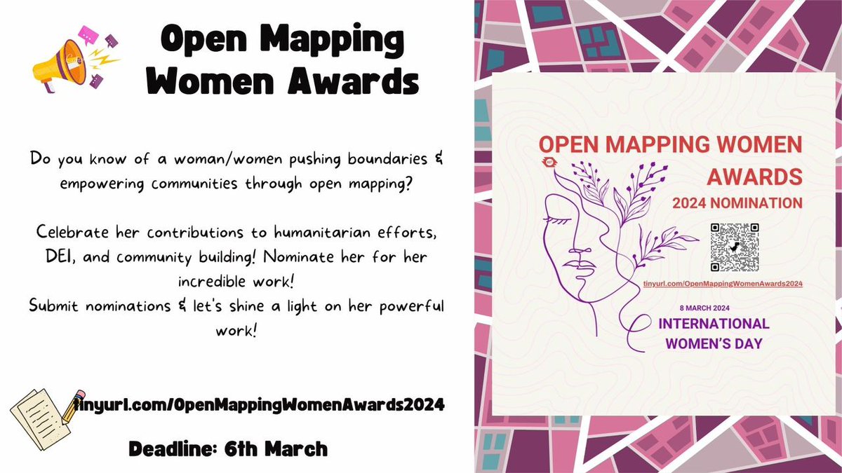openmapping_esa's tweet image. And some special announcements:
1. The Open Mapping Women Awards 2024
2. The DataCamp x HOT Scholarship
Nominate that phenomenal woman and apply for the Scholarship before the deadline 😇
#SpatialPeopleNetwork