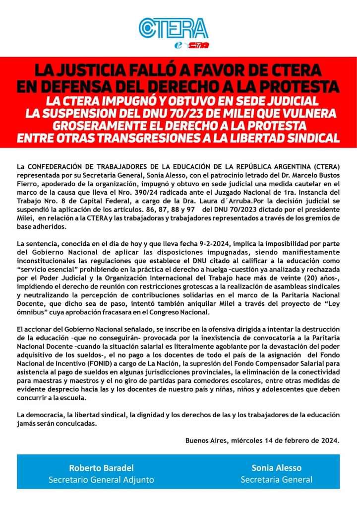 🛑 La justicia falló a favor de CTERA en defensa del derecho a la protesta.