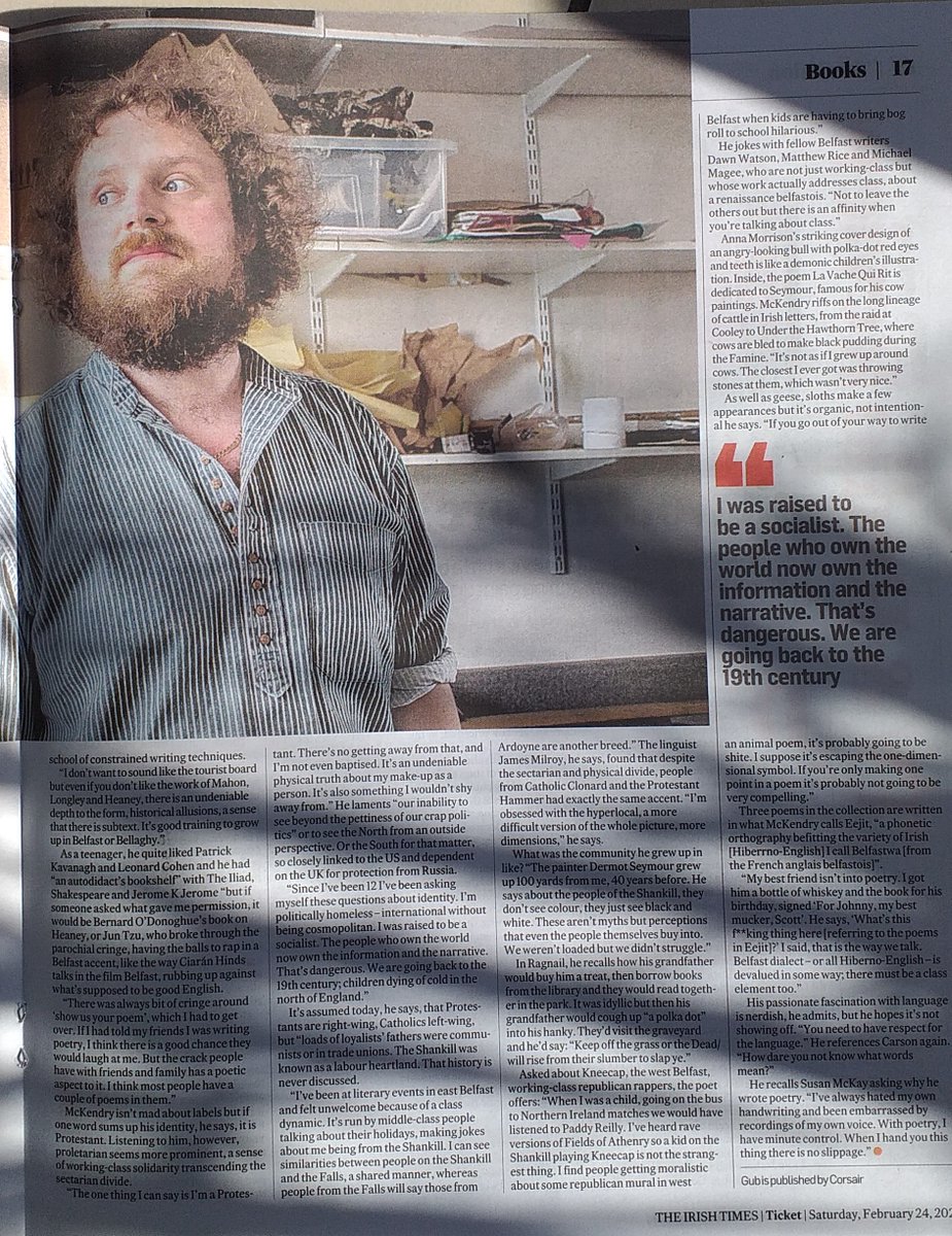 Poet Scott McKendry in the @IrishTimes Ticket today, staples in all the right places: poetry, Belfast, language, 'obsessed with the hyperlocal'. @al_mac_e @ArtsCouncilNI @HeaneyCentre @The_Lifeboat @poetryireland @kavanaghcentre 2019 @PoetryBookSoc @CorsairBooks @LittleBrownUK