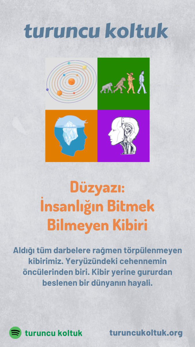 doruktuna's tweet photo. Turuncu Koltuk'ta yeni yazı: İnsanlığın Bitmek Bilmeyen Kibiri. Aldığı tüm darbelere rağmen törpülenmeyen kibirimiz. Yeryüzündeki cehennemin öncülerinden biri. Kibir yerine gururdan beslenen bir dünyanın hayali. https://t.co/2jUJDjIXXv https://t.co/OvYVrO4m4p