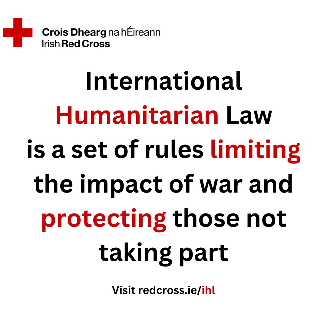 🔺The very purpose of International Humanitarian Law is to limit and prevent human suffering in times of armed conflict.

Did you know that #IrishRedCross have a unique role in sharing information here in Ireland about International Humanitarian Law?

📧If you would like to learn