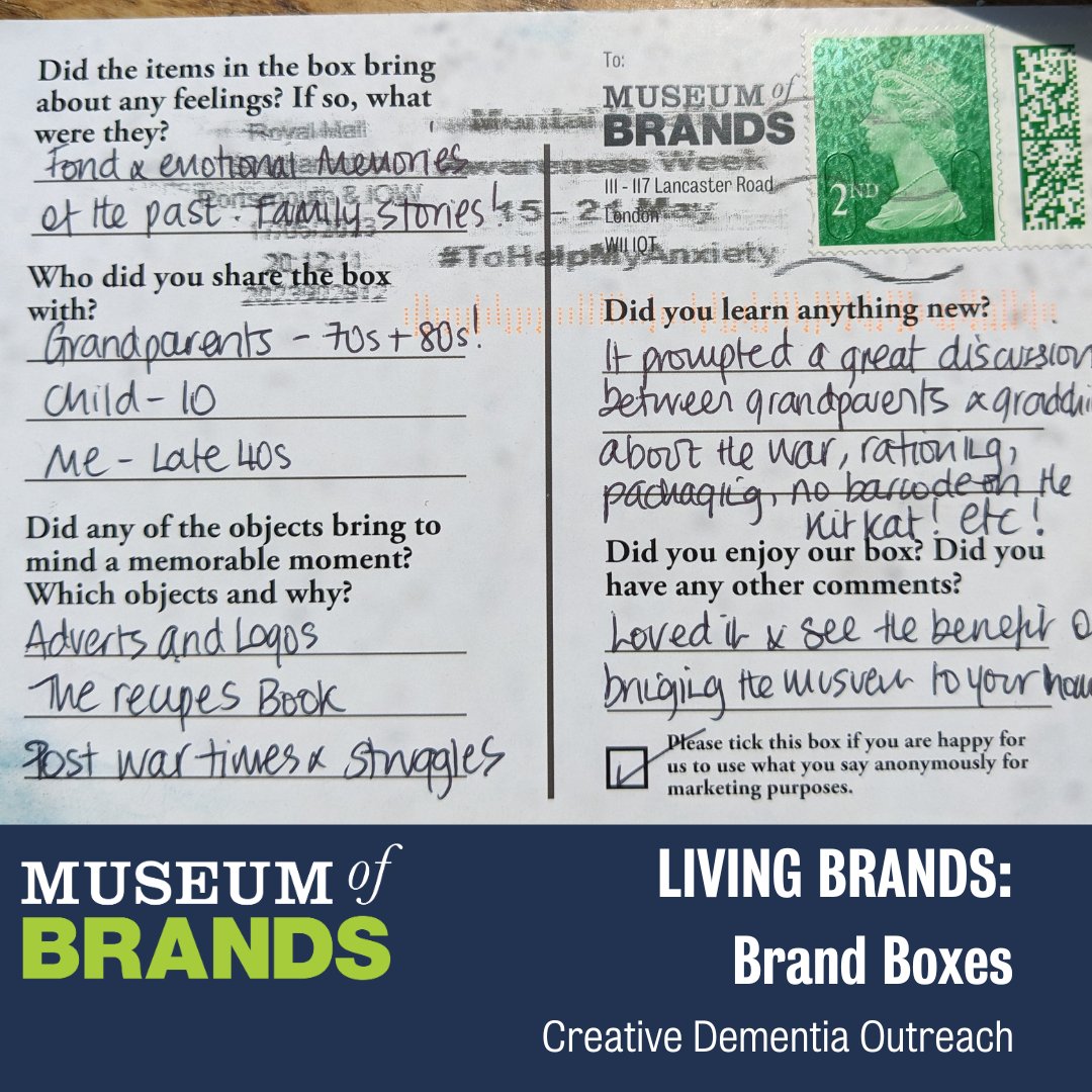 Museum of Brands (@museumofbrands) on Twitter photo We love getting feedback postcards from recipients of our brand boxes! Our completely free, letterbox sized boxes encourage reminiscence and emotional connection for people living with dementia. Email info@museumofbrands.com to request your own box to keep and share. We love getting feedback postcards from recipients of our brand boxes! Our completely free, letterbox sized boxes encourage reminiscence and emotional connection for people living with dementia. Email info@museumofbrands.com to request your own box to keep and share.