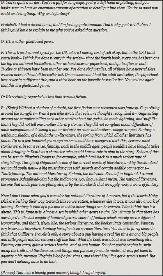 A fantastic response to "Why write fantasy?" from the great Sir Terry Pratchett, PRINTED in The Onion c. 1995 according to Patrick Rothfuss <a href="/terryandrob/">Terry Pratchett 🖤 🤍👽 🐇</a> <a href="/rhipratchett/">Rhianna Pratchett 🧙🏻‍♀️</a>