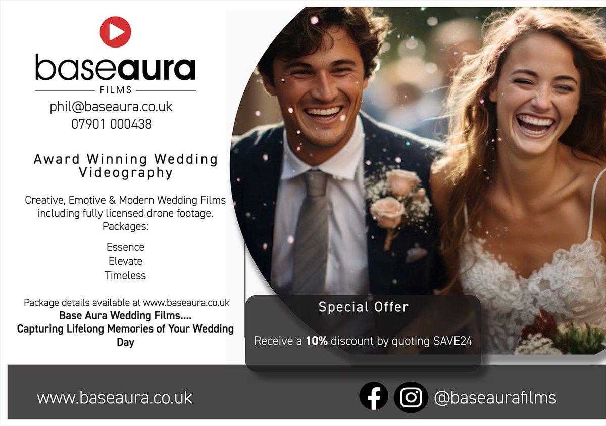 baseaurafilms's tweet photo. Hitched Wedding Videographer of the Year 2024 
Base Aura Films 

*SPECIAL OFFER* 10% DISCOUNT

Creating Lifelong Memories of Your Wedding Day (including fully licensed drone footage). 

https://t.co/kojzLyenFS 
#weddings #brides #gettingmarried #weddingvideographer #weddingfilms https://t.co/bx4SgtrjHq