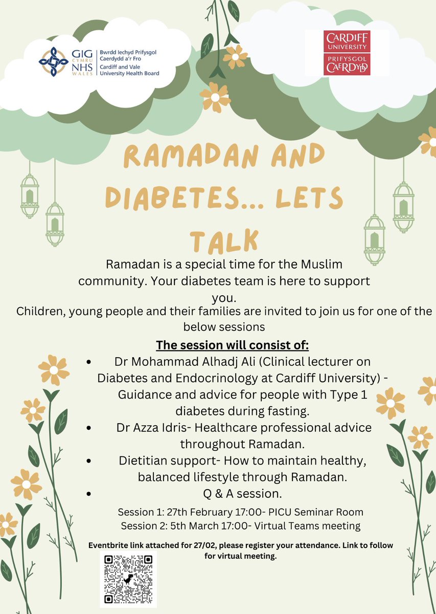 Excited to talk about fasting Ramadan with young people with #Type1Diabetes for the first time ever in Cardiff

🎙️ Ramadan &amp; Diabetes..Let’s Talk 🎙️

Event 1️⃣ 

📍PICU Seminar Room 
Noah's Ark Children's Hospital 
CF14 4XW

🗓️ 27 Feb

⏰ 17:00

🔖Register via the QR code 👇🏻👇🏻