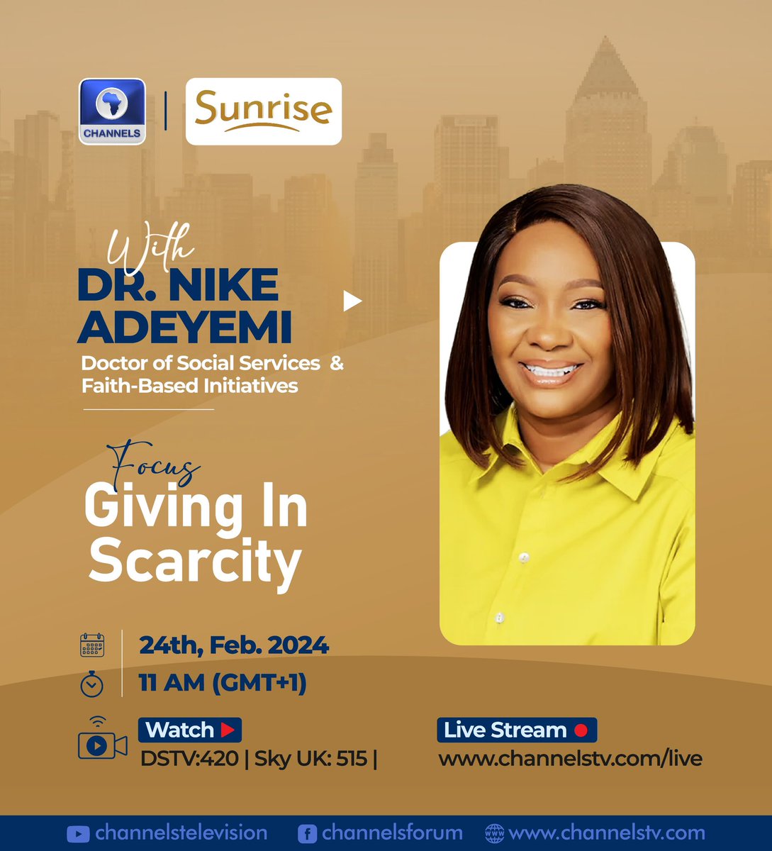 Looking forward to to being on Channels TV, “Sunrise” this morning at 11am WAT Sat 24th Feb, 2024. What can we do in scarcity to make lives better? Watch and be part of the conversation