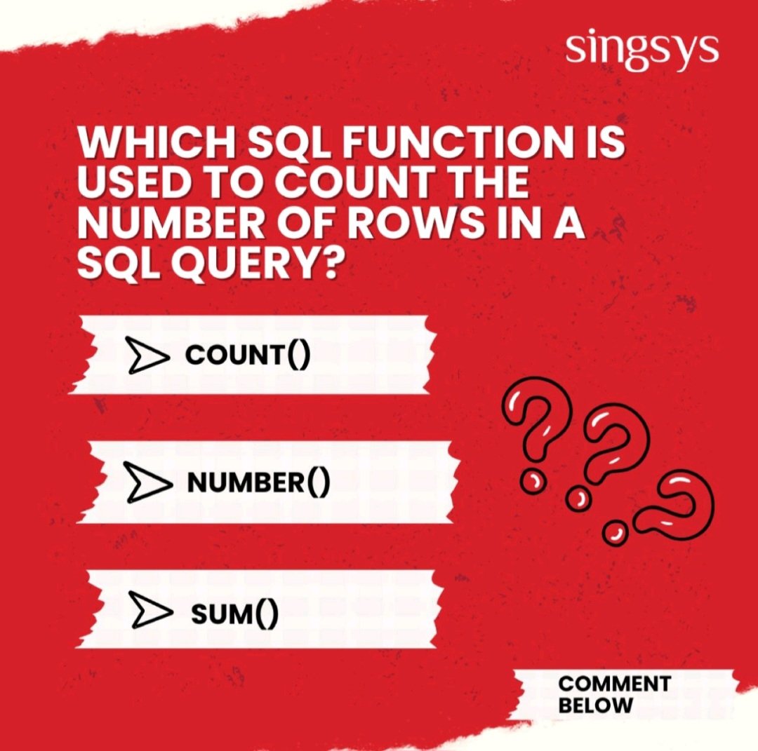 singsyspteltd's tweet image. Can you guess the SQL powerhouse that helps tally up the
rows in a query? Comment below with your answer!
#SQL #DatabaseMasters #TechQuiz #Singsys