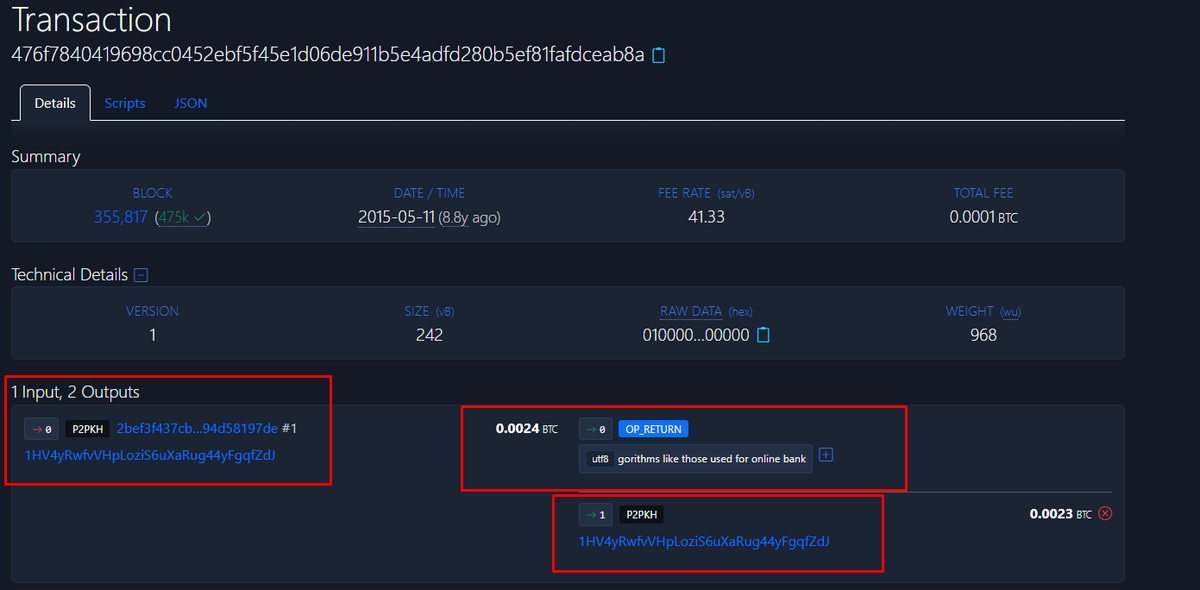enzogautier's tweet photo. @BitcoinExplorer can your API directly fetch all info from your webpage, especially the details in the red rectangles in my screenshot? It would simplify scripting (for me), like retrieving directly the OP_Return converted. Thanks! https://t.co/knIairMzyq