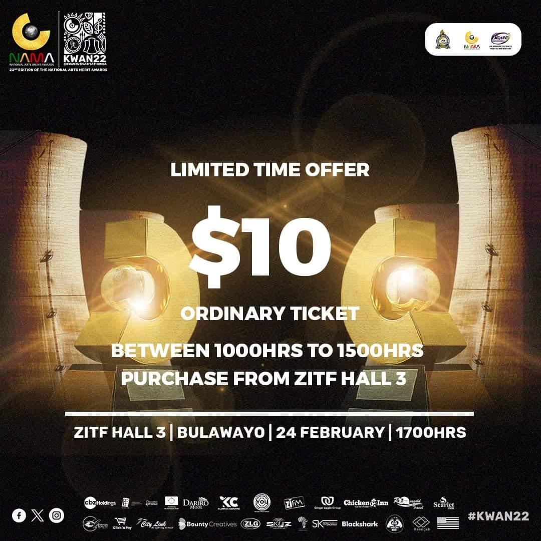 Good news to those haven't got their tickets to the NAMA awards
Just for $10 you get to enjoy today

#namaawards #kwan22 
#bulawayoevents #entertainment #goodmemories
#musicislife
#KayseConnect