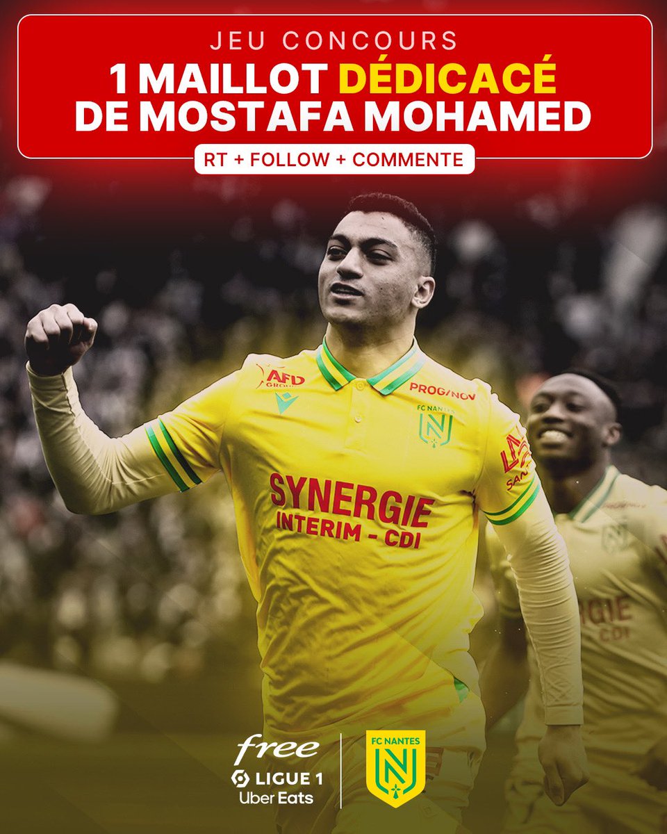 JEU CONCOURS 🎁 

Après la belle interview de <a href="/mmostafa_11/">Mostafa Mohamed</a> avec <a href="/alexandreruiz/">𝗔𝗹𝗲𝘅𝗮𝗻𝗱𝗿𝗲 𝗥𝘂𝗶𝘇</a>, on vous fait gagner son maillot du <a href="/FCNantes/">FC Nantes</a> dédicacé 😍

Pour participer :
➡️ RT + Follow @freeligue1
➡️ Commente le post 

#FCNantes