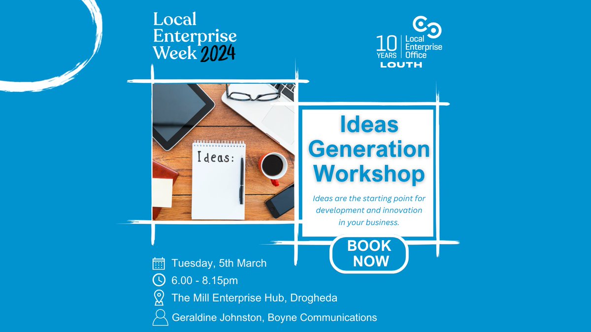 Are you ready to unleash your creative potential & generate innovative ideas like never before? Join us in #Drogheda for an exciting Idea Generation Workshop, March 5th in The Mill Drogheda Book your free place now tinyurl.com/yu58wyt9 #dundalk #localenterpriseweek #louthchat