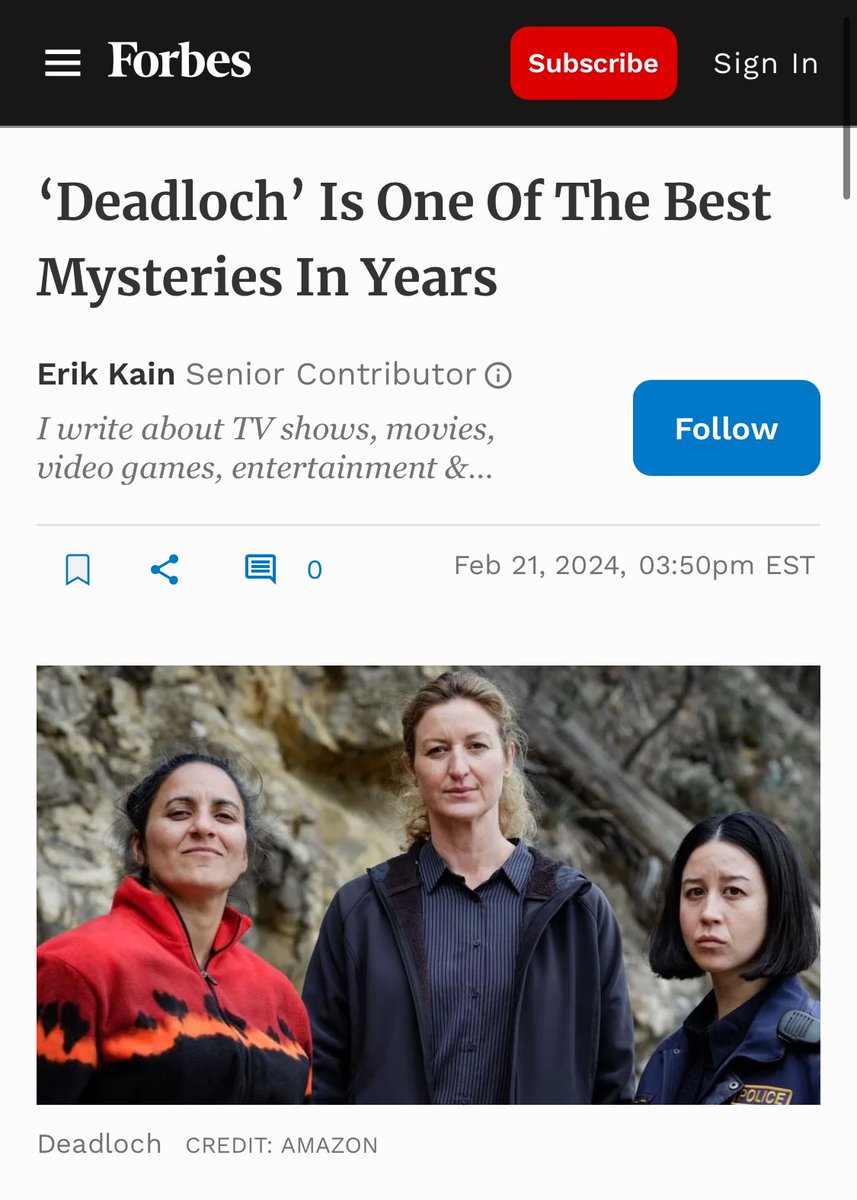 ‘Deadloch is a fantastic mystery with a compelling story & a truly wonderful cast of characters, with a whodunit story that keeps you guessing right up to its brilliant & unexpected conclusion. It’s one of the best mystery TV shows in a long, long time.’ In Forbes, yesterday: