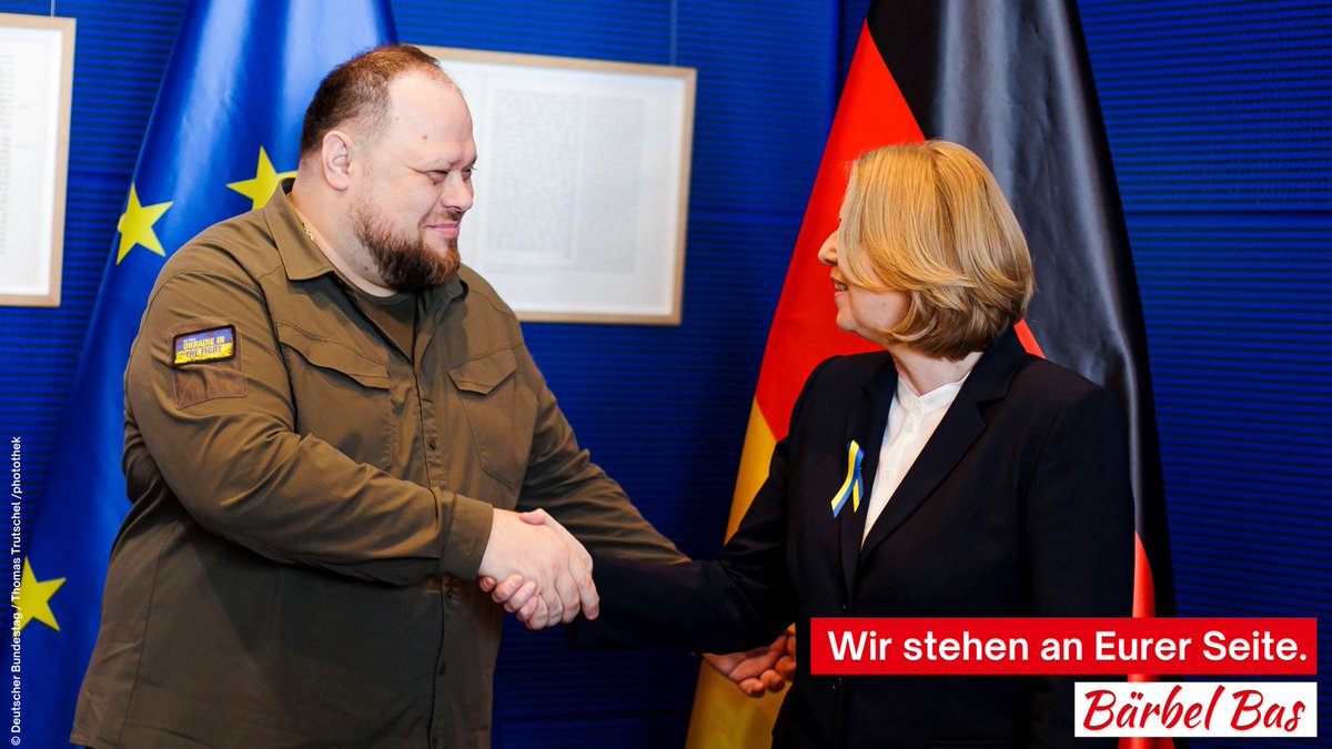 Bärbel Bas (@baerbelbas) on Twitter photo Wir stehen an Eurer Seite und unterstützen Euch im Kampf um Freiheit und Leben. Dabei dürfen wir nicht nachlassen. Wir dürfen nicht zulassen, dass der russische Aggressor einen längeren Atem hat als die westlichen Demokratien und damit Erfolg hat. #StandWithUkraine <a href="/r_stefanchuk/">Ruslan Stefanchuk</a> Wir stehen an Eurer Seite und unterstützen Euch im Kampf um Freiheit und Leben. Dabei dürfen wir nicht nachlassen. Wir dürfen nicht zulassen, dass der russische Aggressor einen längeren Atem hat als die westlichen Demokratien und damit Erfolg hat. #StandWithUkraine <a href="/r_stefanchuk/">Ruslan Stefanchuk</a>