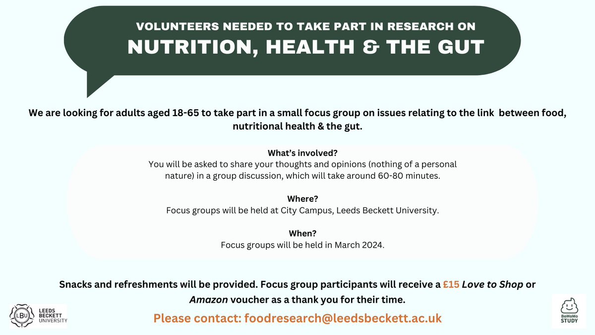 *Can you help with our research?* We’re looking for folks to take part in a focus group on food, nutrition and the gut 🥘 💩 Informal, interesting & nothing personal! ☕️🍿Snacks & drinks provided. Participants will receive a £15 shopping voucher! 🙂 Info👇 #leedsbeckett