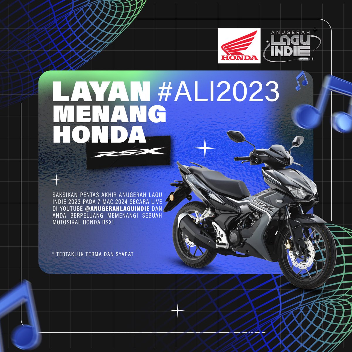 AnugerahIndie's tweet photo. LAYAN #ALI2023 &amp; MENANG HONDA RS-X! 🏍️ 

Wuuhuu! Contest istimewa untuk anda! Tonton Pentas Akhir Anugerah Lagu Indie 2023 dan anda berpeluang untuk menang motosikal HONDA RS-X!!💃

Rujuk cara-cara &amp; syarat-syarat di poster okay, Vvvrrrrroooooooommmm! 🔥🔥

#HondaRSX https://t.co/VaGPEkJ4XR