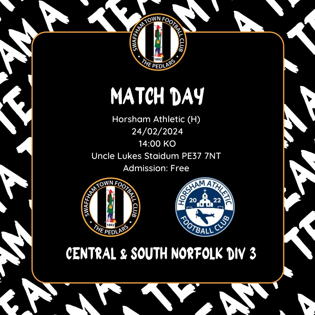 ⚽️MATCH DAY ⚽️

After a pitch inspection this morning - the sun is shining and game is ON ✅☀️
 
🗓 24/02/2024
🕒 KO 14:00
🆚 <a href="/Horsham_fc/">Horsham Athletic Football Club</a> 
🏟️ Uncle Luke’s Stadium
🏆 <a href="/CSNLeague/">Central&Sth Norfolk</a> Div 3
🎟️ Free

#upthepedlars