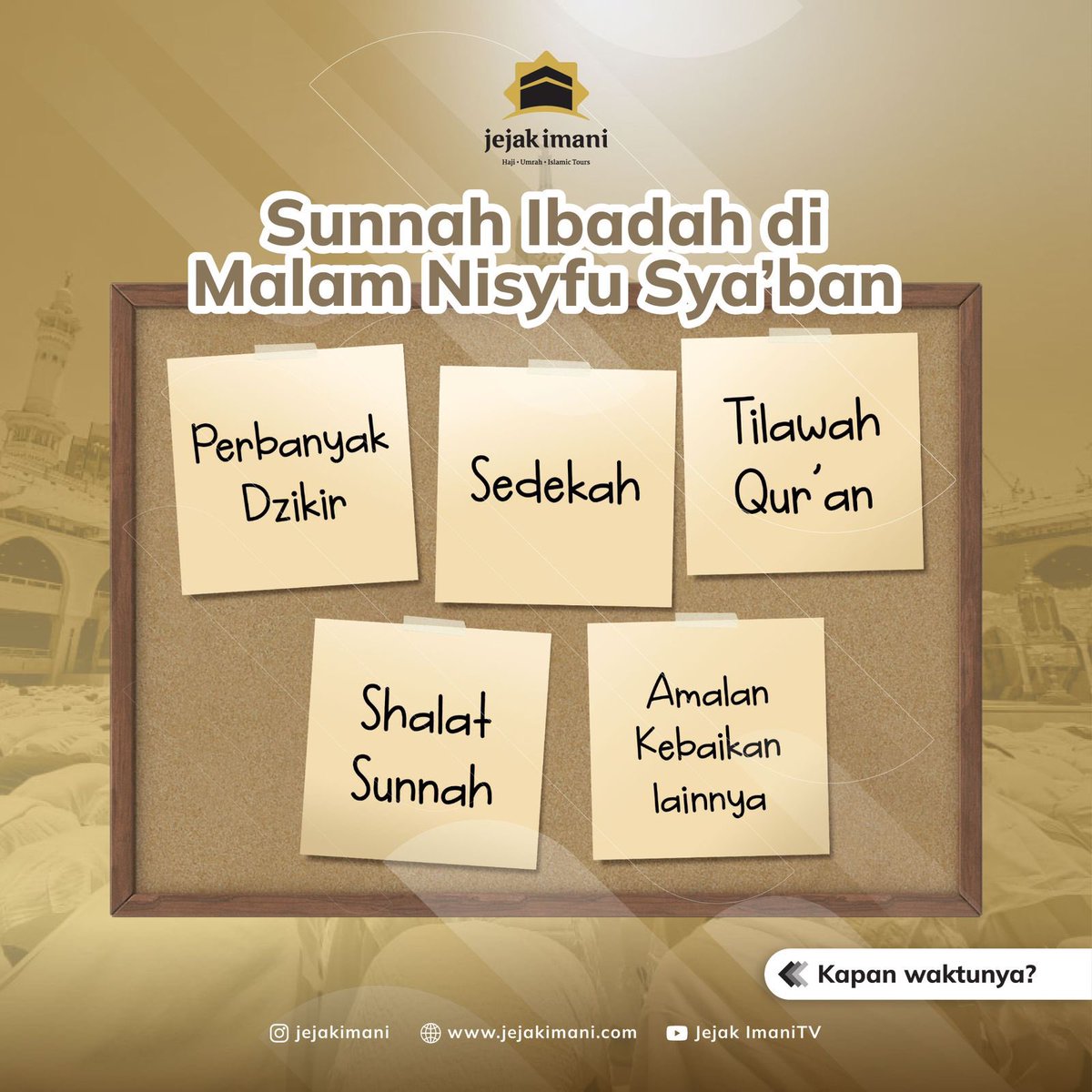 jejakimani's tweet image. Catat! Malam ini Malam Nisyfu Sya’ban

Sudah siapkan doa dan dzikir terbaik untuk malam ini? 😎✨

#syaban #nisyfusyaban #dzikir #doa #umroh #jejakimani #haji