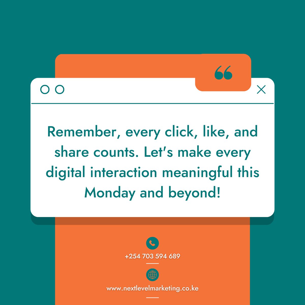 NextLevel__Mktg's tweet photo. Every interaction counts, every connection matters. Let's make our digital footprint impactful and meaningful this Monday. 💻💬 

#NextLevelImpact #DigitalEngagement https://t.co/8EjnBYNR3n
