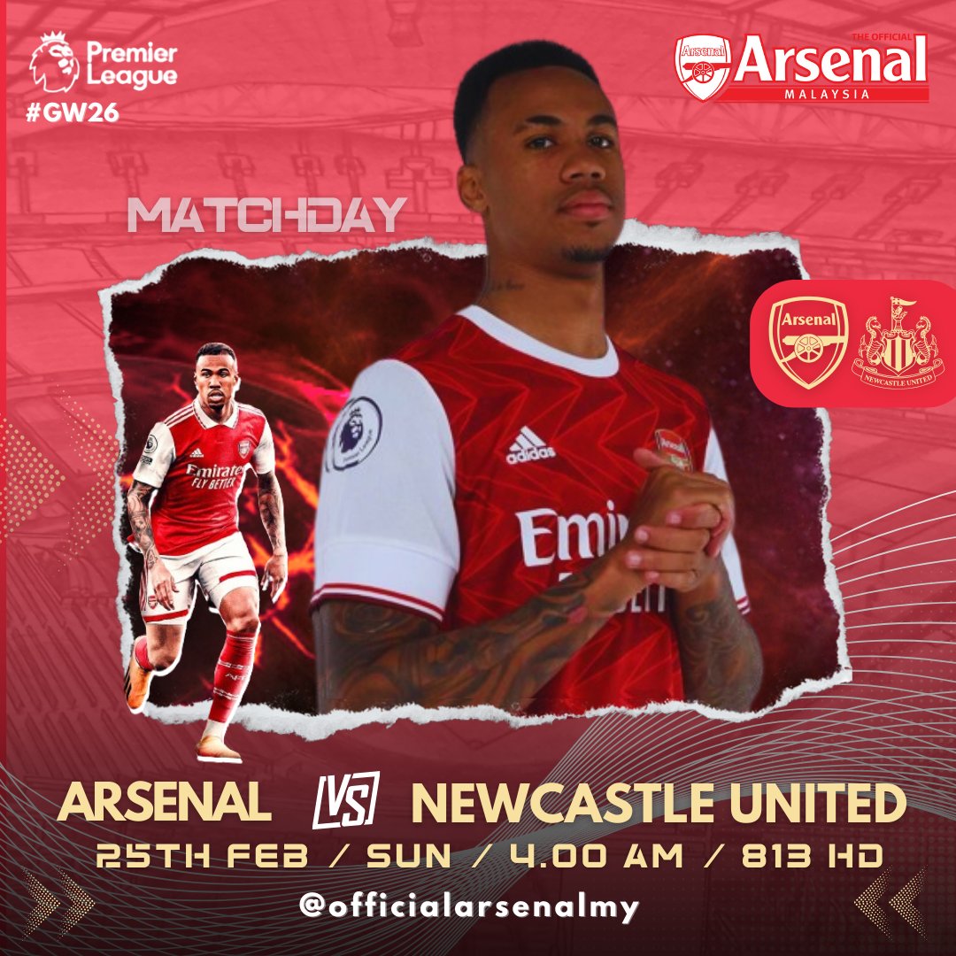 Arsenal_MY's tweet photo. It's MATCHDAY !!!
Arsenal vs Newcastle United 
#Matchweek26

📅 25th FEB 2024
🕒 4.00 AM 
Day: Sunday
Astro Live 813 

#Season2023/24
#ThisIsFamily
#ThisIsArsenal 
#ArsenalMalaysia
#Arsenal
#WeAreTheArsenal https://t.co/8gRTWBReZm