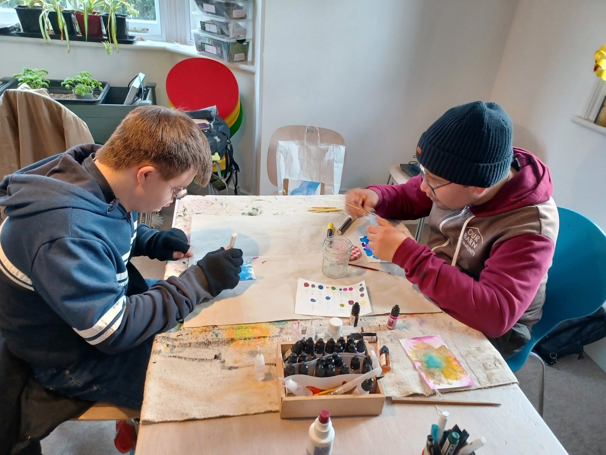 Two of our gardening team adding to our collection of handmade greetings cards . These are on sale at the Pump and Grind cafe, located in the water and Steam museum,  Brentford.