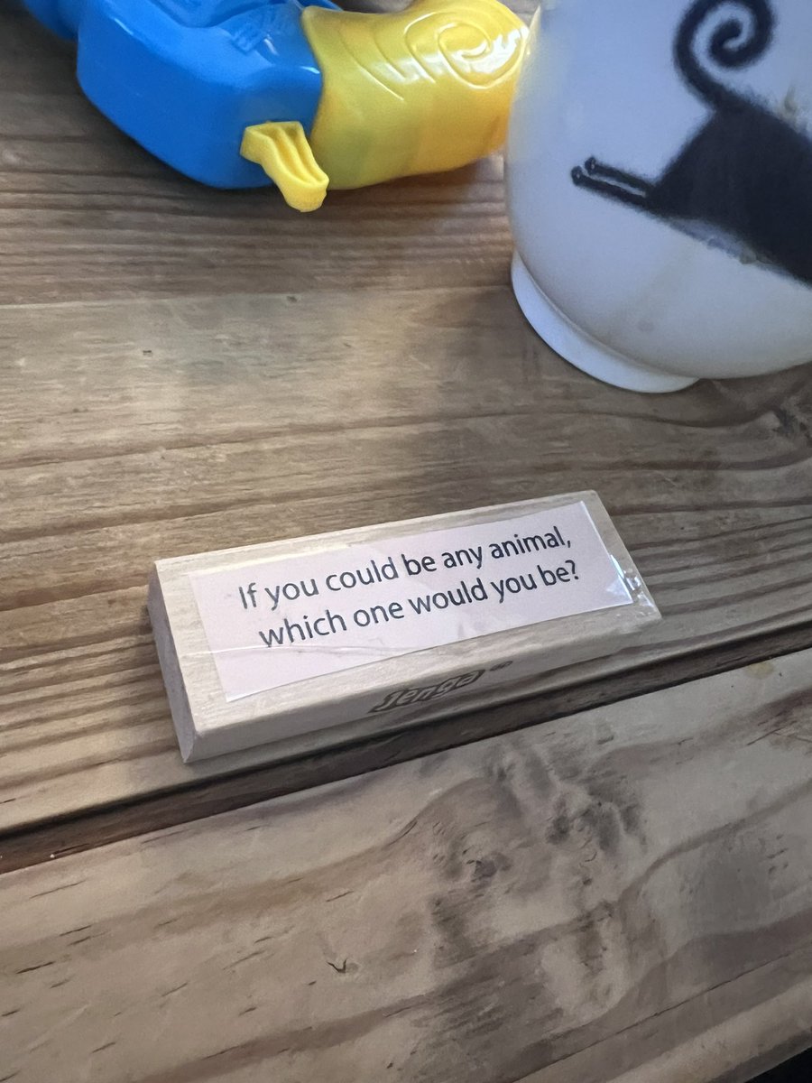 Wife is a #ChildCounsellor. She plays a version of #Jenga that involves conversation-starters on the blocks removed.

This is the same as one of those quirky curveball questions thrown at you in #jobinterviews. 

“Red Panda” was my answer, a few years back.

Didn’t get the job.