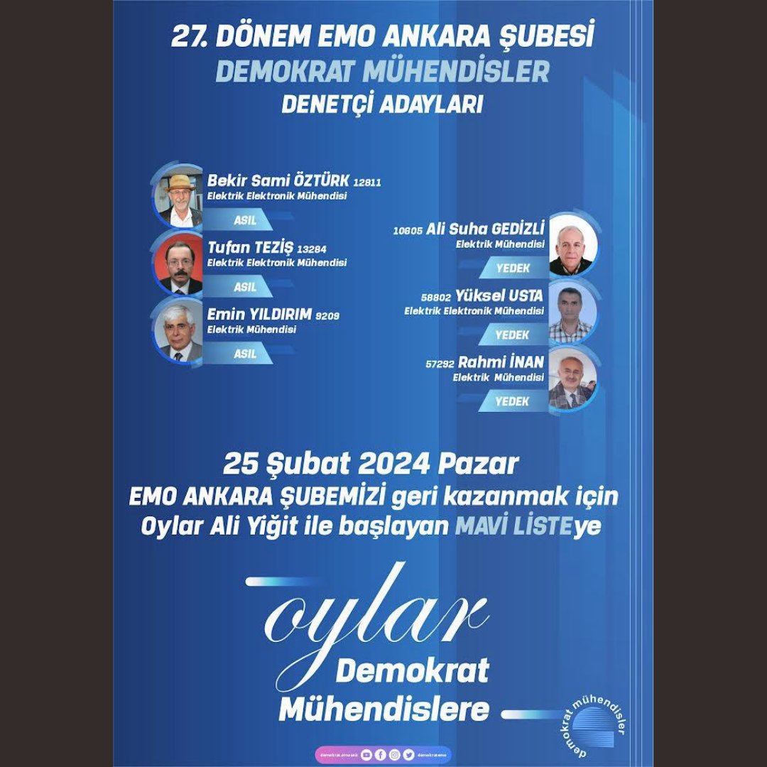 TMMOB Elektrik Mühendisleri Odası (EMO) Ankara Şubesi 27. Dönem Olağan Genel Kurulu'nda, 25 Şubat 2024 tarihinde yapılacak seçimlerde DDM Direnç‘in de bileşeni olduğu DEMOKRAT MÜHENDİSLER listesi olan MAVİ listeye katkılarınızı bekliyoruz.
#DDMDirenç #DemokratMühendisler