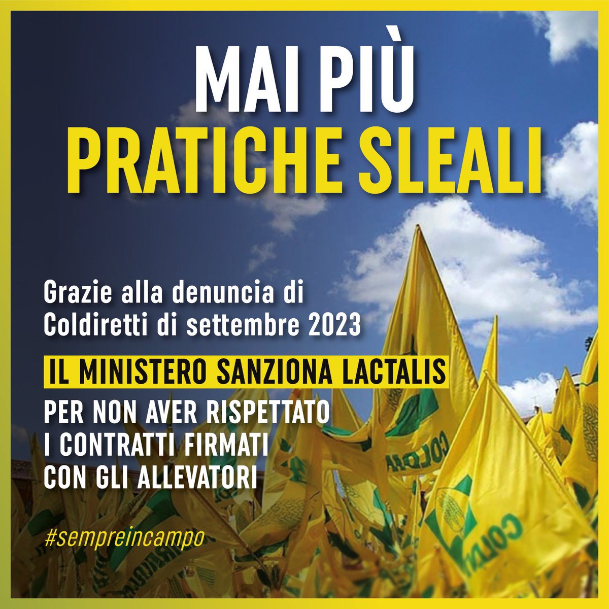 coldiretti's tweet image. Grazie ad una nostra denuncia di settembre 2023 viene applicata per la prima volta in Italia la legge sulle pratiche sleali. Una prima grande vittoria per arginare lo strapotere delle multinazionali e tutelare il lavoro degli agricoltori #sempreincampo #coldiretti
