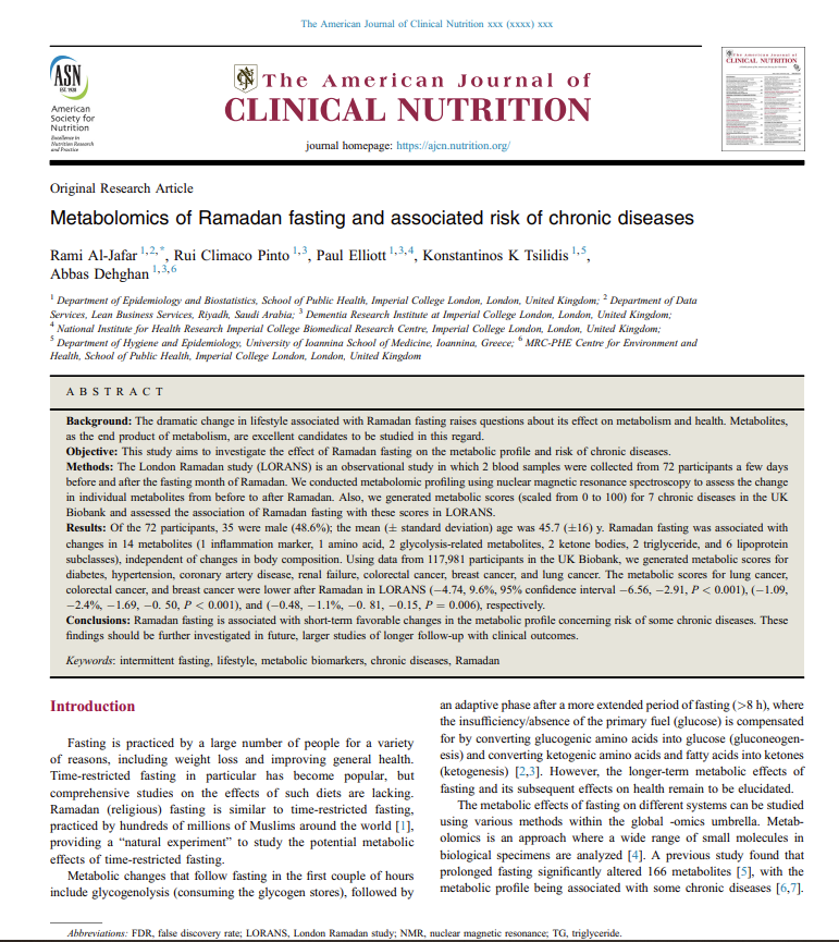 هل صيام شهر رمضان يرفع أو يخفض خطورة الإصابة بالأمراض المزمنة؟🌜

نشرت المجلة الأمريكية للتغذية الإكلينيكية (AJCN)والتي تعد من أقوى مجلات التغذية بحثنا الأخير الذي نحاول فيه الإجابة على هذا التساؤل

الدراسة أستخدمت بيانات ضخمة من البنك الحيوي البريطاني UKBB ومن دراستي LORANS

1/5