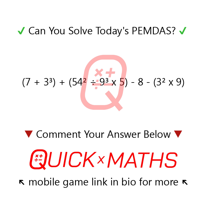 Quick! Can You Solve? 🧠

We’ll reply with the correct answer before tomorrow's! ✅

If you like this Problem, but want more of a Challenge - Go Test Your Skills in Daily Quick Math Games via our app 📲🆚🏆↖️ #PEMDAS #mathquiz #mathproblem #mathgame #mathtest #mathapp #brainquiz