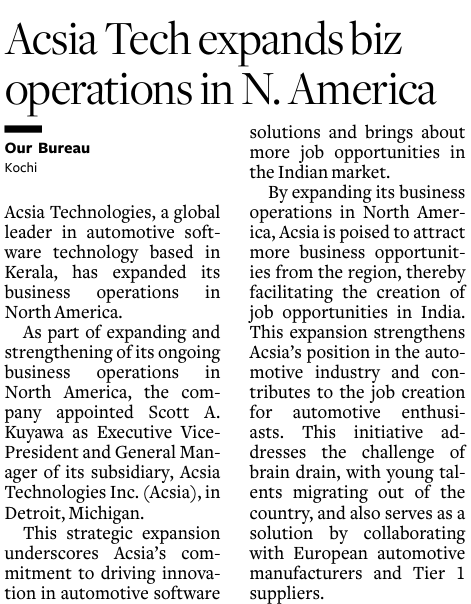 ra5esh's tweet image. 🟢ആഗോള തലത്തിലെ മുന്‍നിര ഓട്ടോമോട്ടീവ് സോഫ്റ്റ്വെയര്‍ ആന്‍ഡ് റിസര്‍ച് കമ്പനിയായ ആക്സിയ ടെക്നോളജീസ് (തിരുവനന്തപുരം ടെക്നോപാർക്ക് ആസ്ഥാനമായി പ്രവർത്തിക്കുന്ന) പ്രൈവറ്റ് ലിമിറ്റഡ് നോർത്ത് അമേരിക്കയിലേക്കും പ്രവർത്തനം വ്യാപിപ്പിക്കുന്നു.
#Acsia #keralaIT #kerala